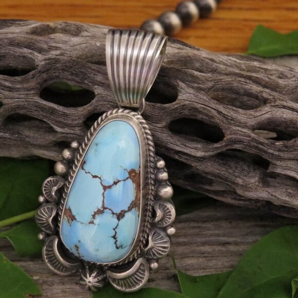 Golden Hill Turquoise Sterling Silver Large Pendant Native American Navajo Neckl